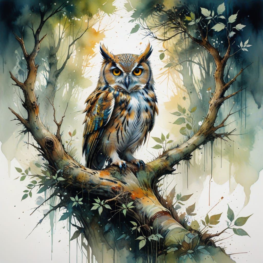 Enchanted Forest Altar in Dappled Light with Majestic Owl