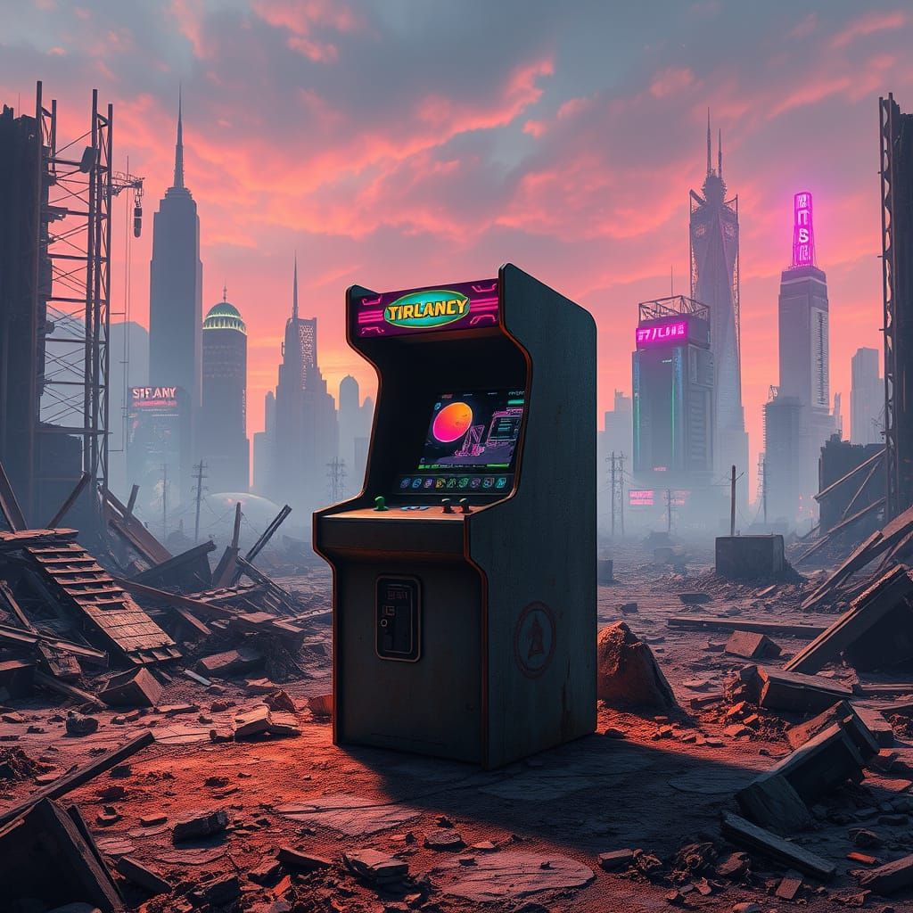 Retro-Futuristic Arcade Cabinet in Post-Apocalyptic Ruins