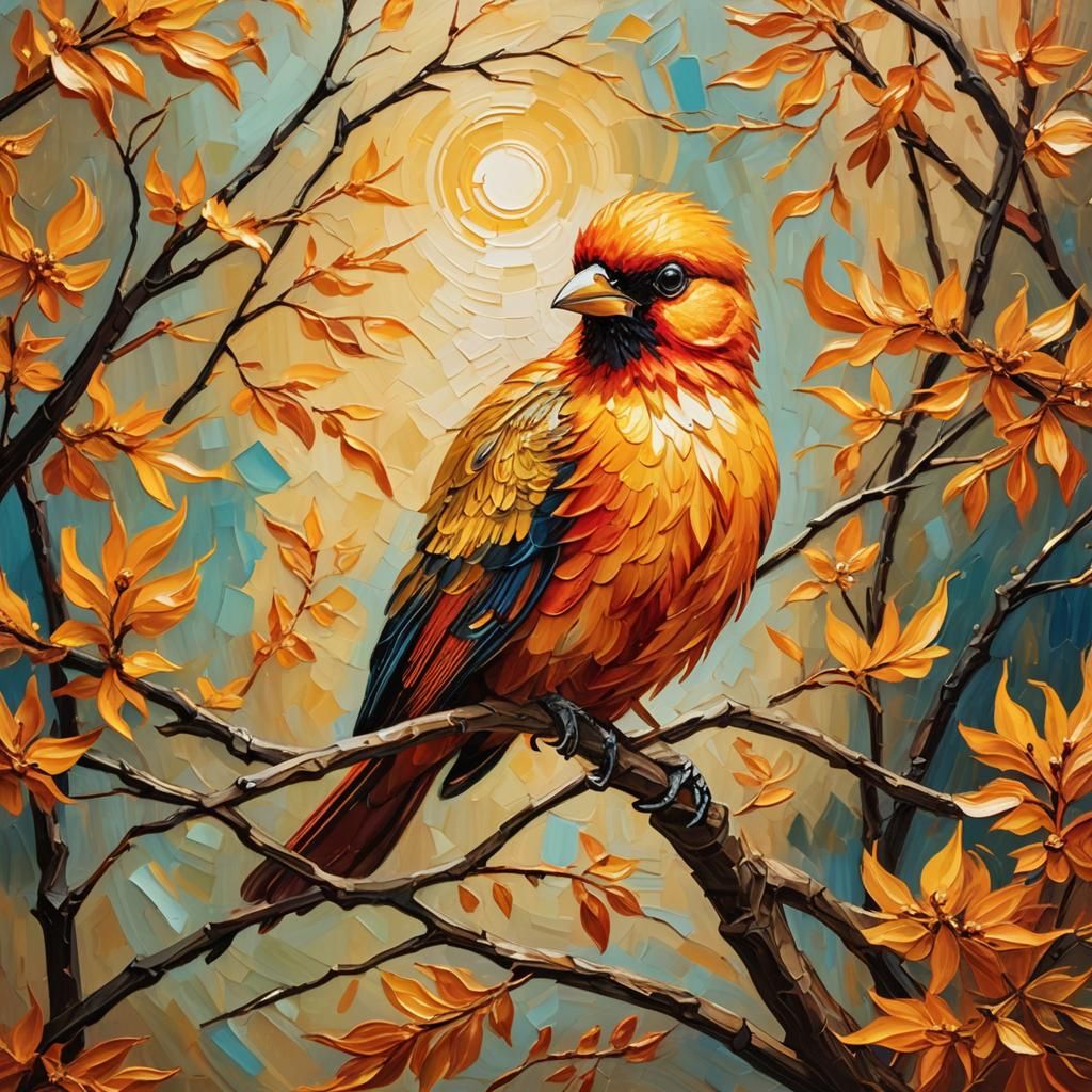 Fiery Bird Oil Painting with Expressive Brushstrokes