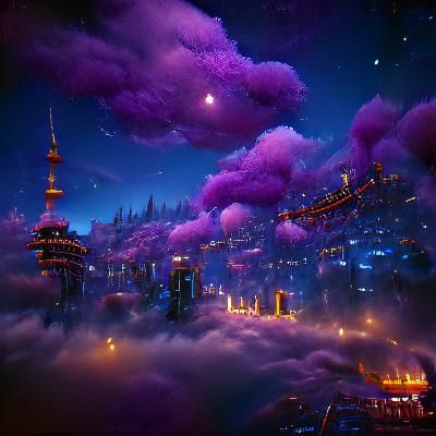 a city in the sky during nighttime with purple lights