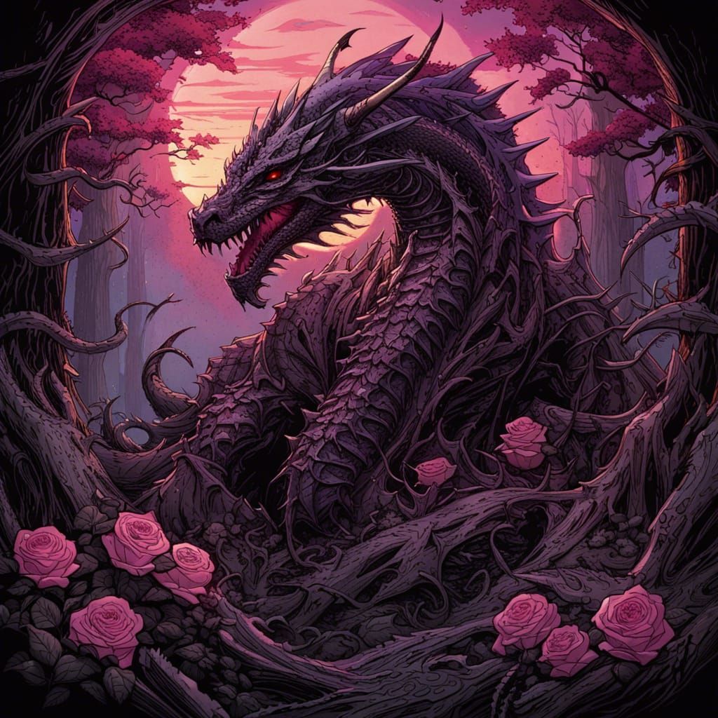 Gothic Dragon in Eerie Forest with Roses