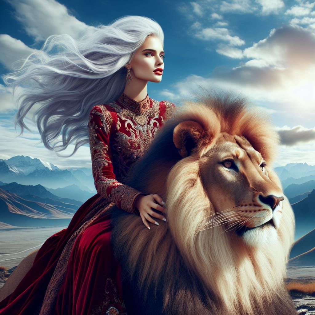 Woman Rides Lion Across the Plains