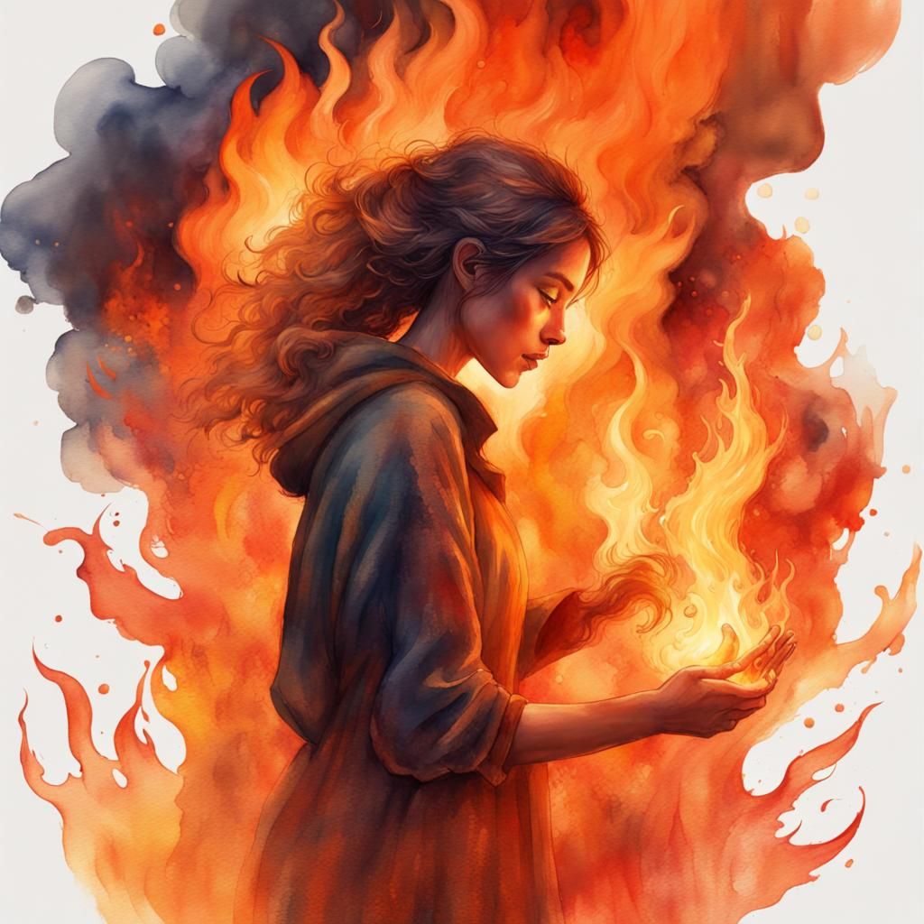 Watercolor Fire: People Evolving from Flames