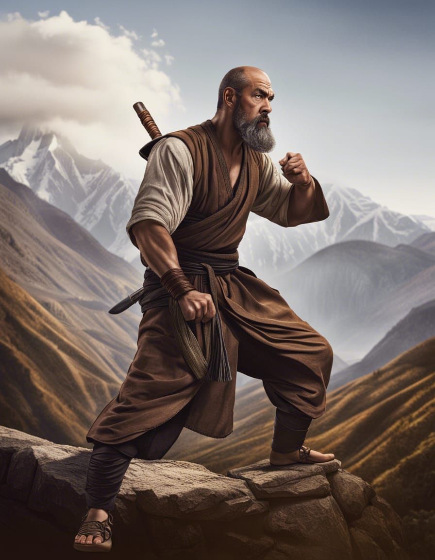 Angry Monk with Scars in Mountain Valley