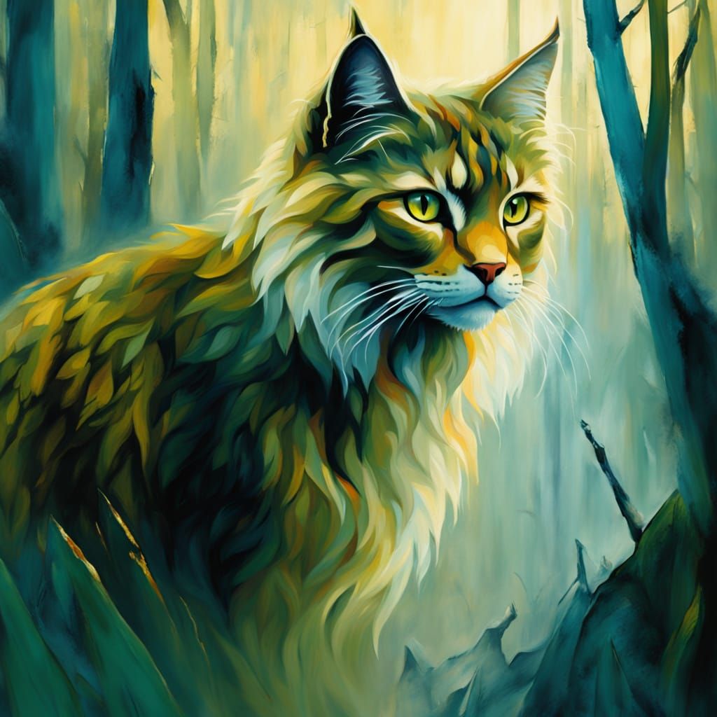 Mystical Wild Cat in Foggy Forest - Oil Painting Style