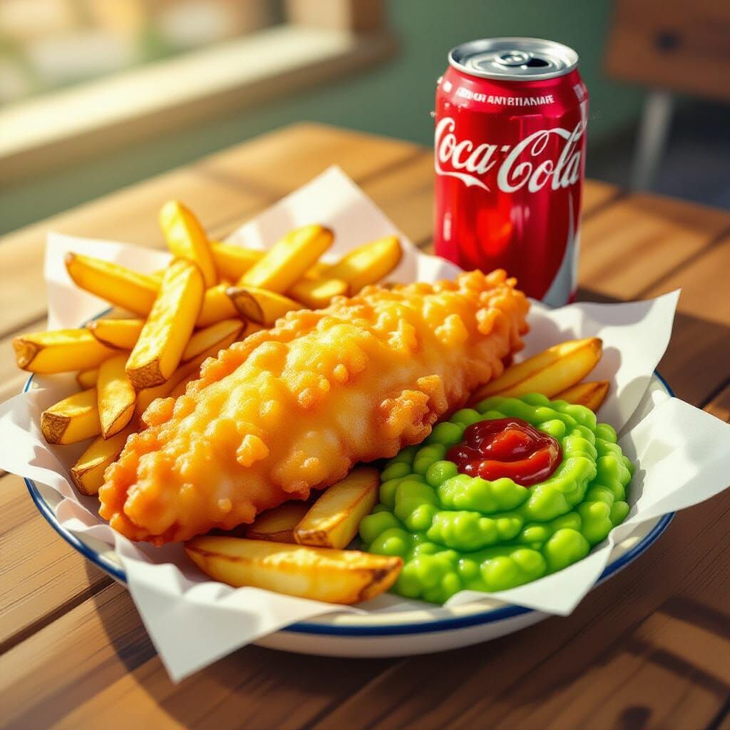 Golden Fish and Chips with Coca-Cola on Wooden Table
