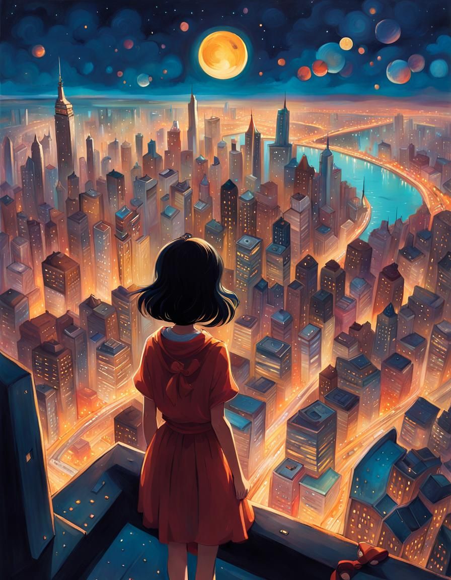 Girl Overlooking Night Metropolis: Matte Painting Concept Ar...