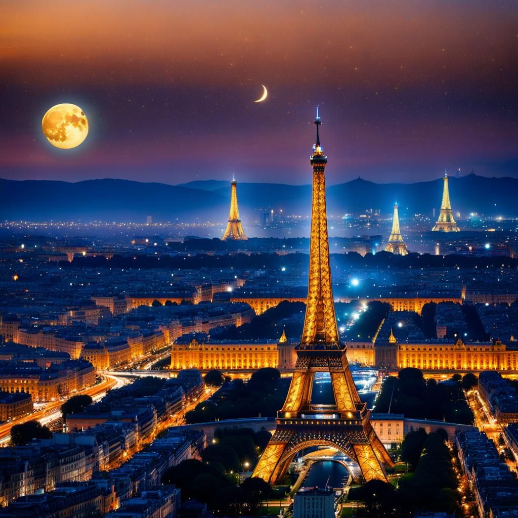 Eiffel Tower Silhouette in Paris Under Starry Night