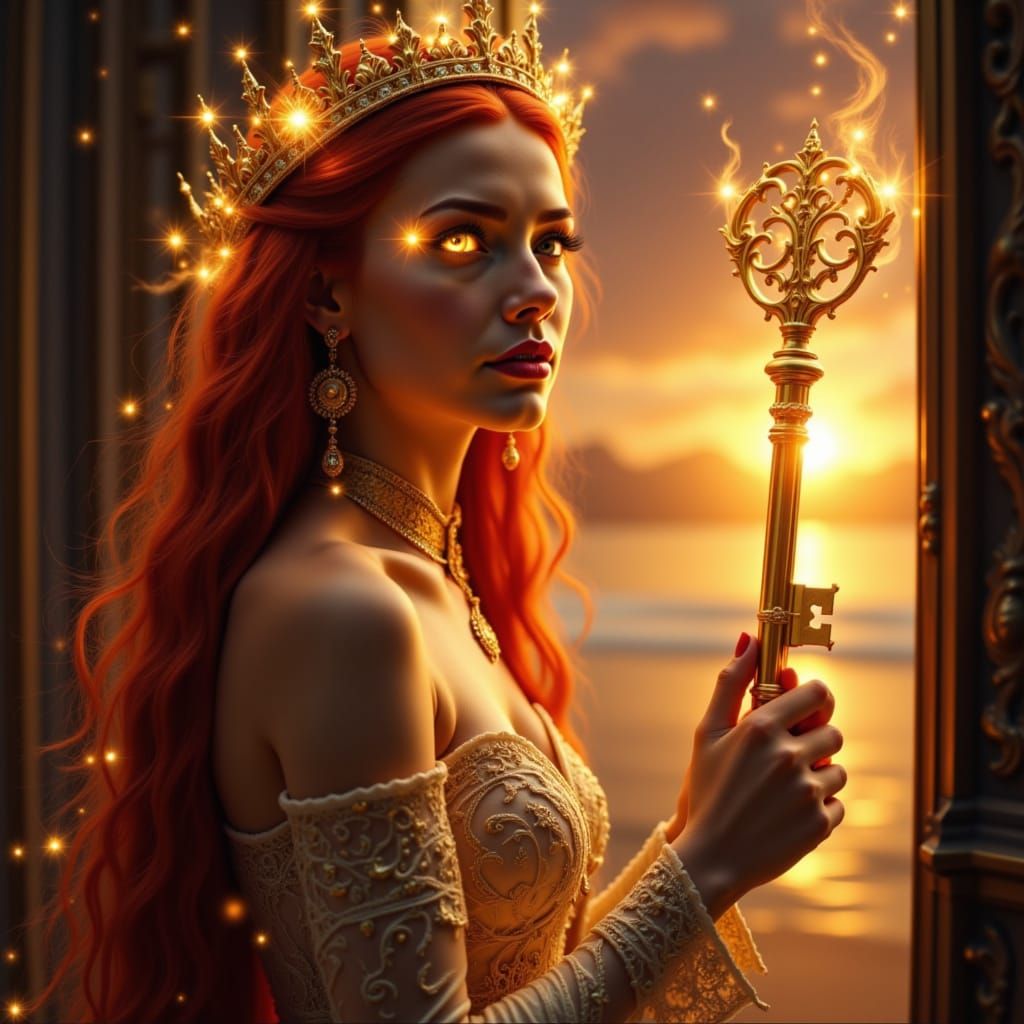 Woman with Sunfire Hair Opens Door to Sunrise Aurora