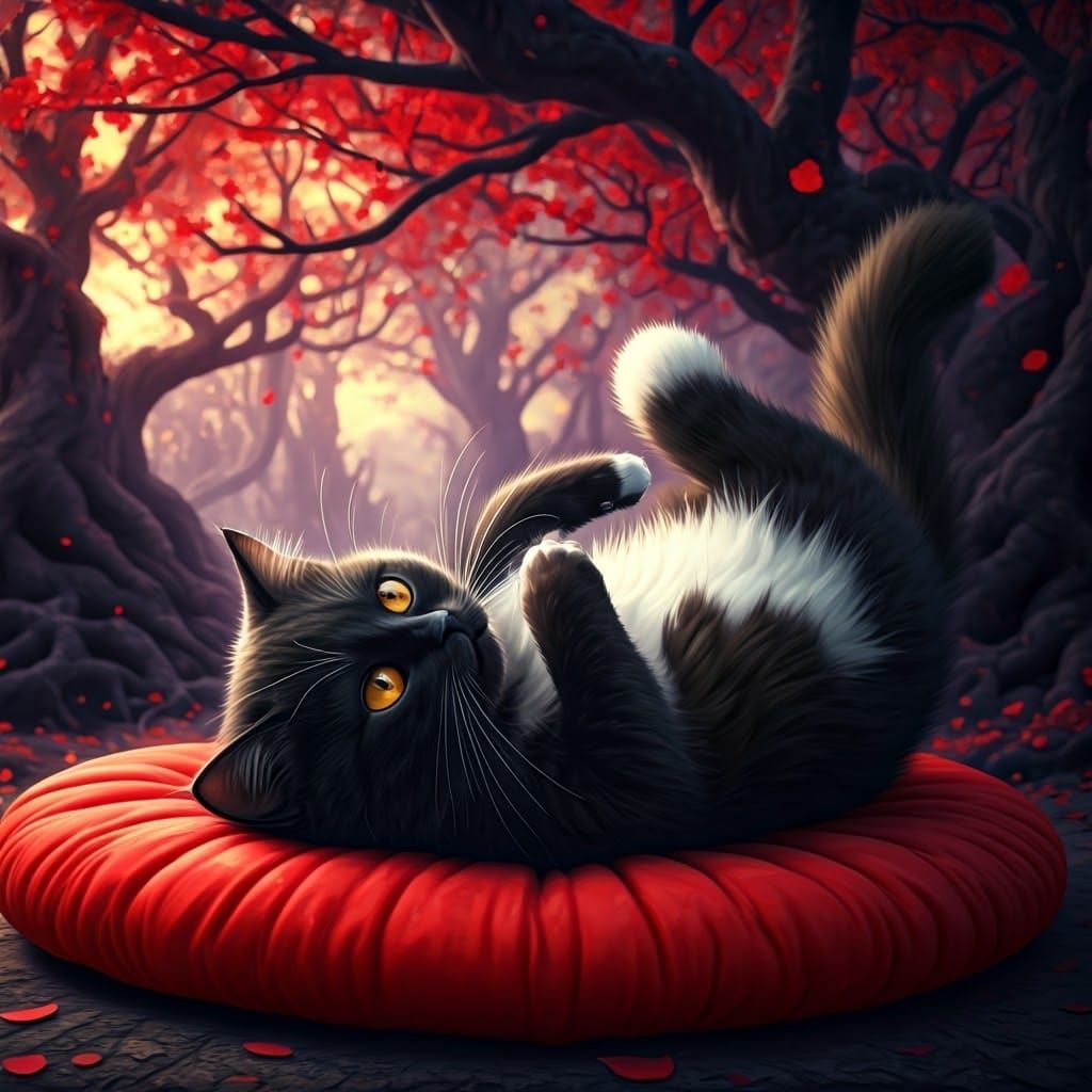Playful Black Cat on Heart Cushion: Fantasy Art