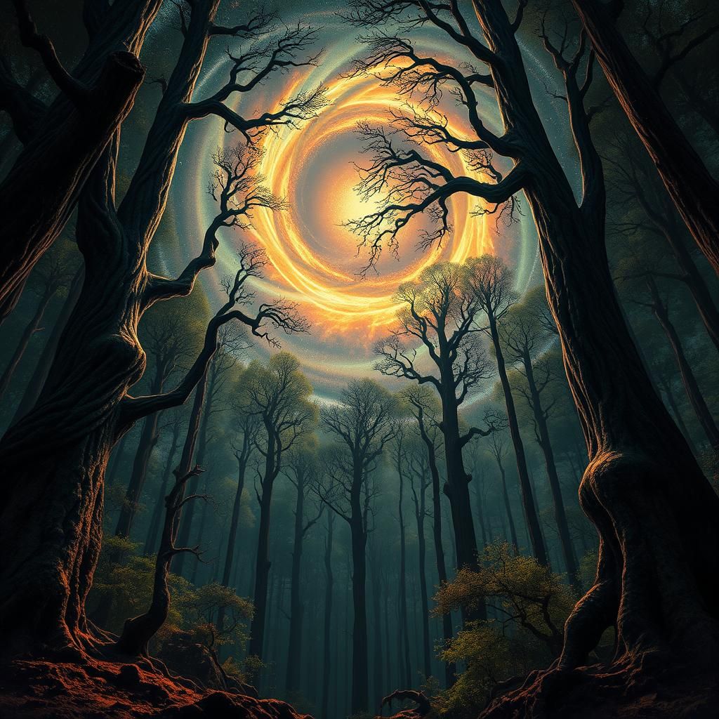 Surreal Galaxy Unfolds in Eerie Forest Depths