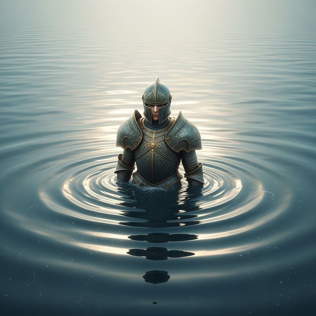 Figure in Ornate Armor Amidst Open Ocean