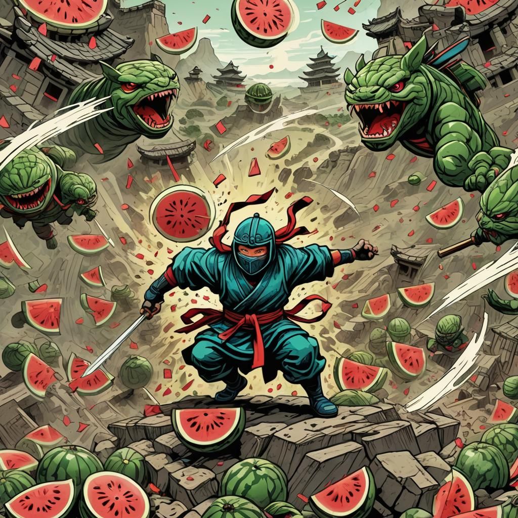 Ninja Watermelon Attack in Comic Book Style