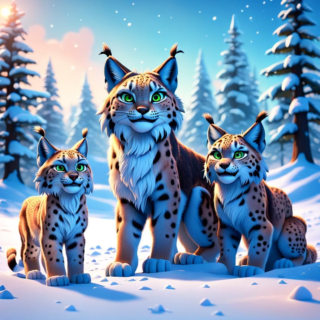 Lynx Family Playing in Snow: 3D Digital Art