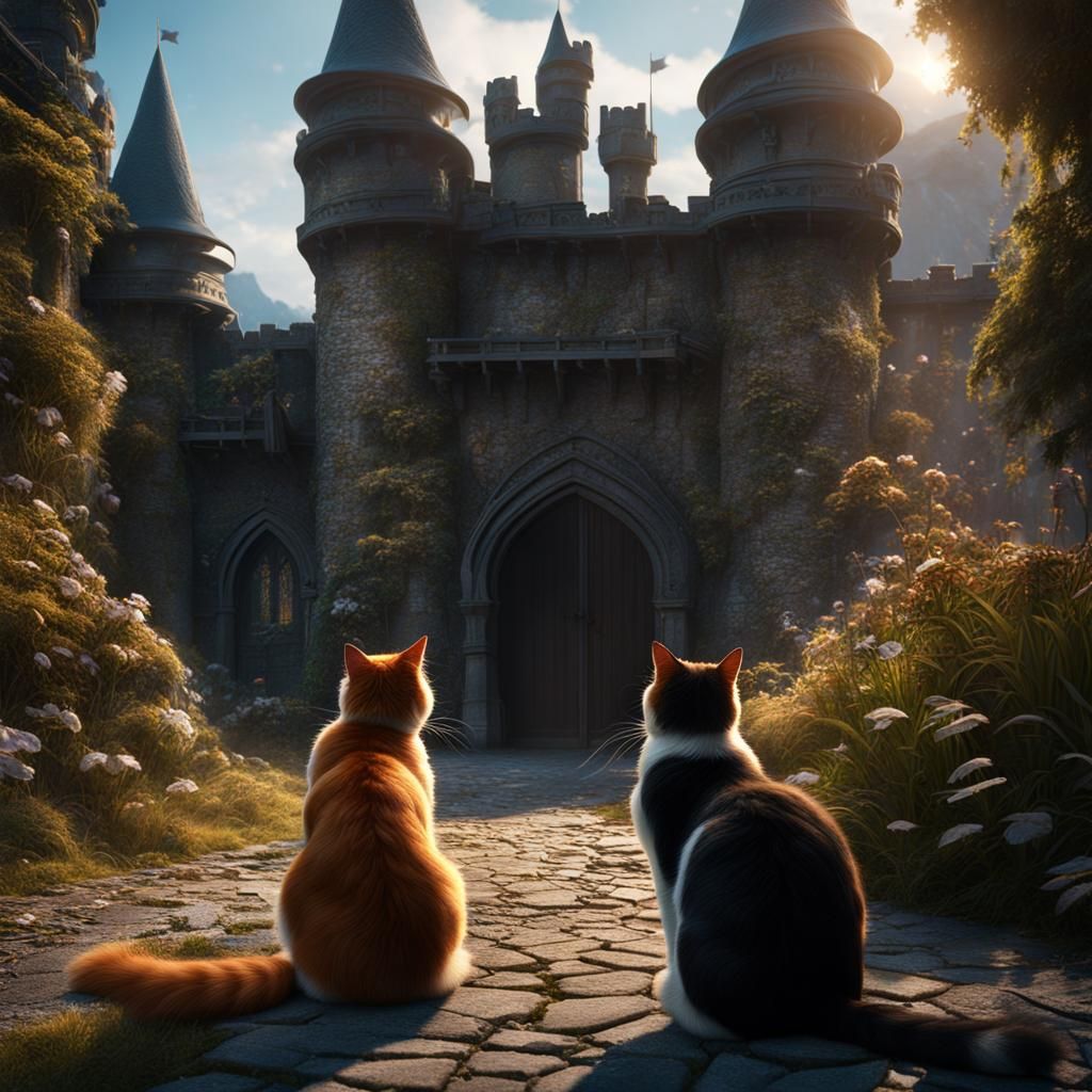 Three Cats Outside Castle Yard in Fantasy Art