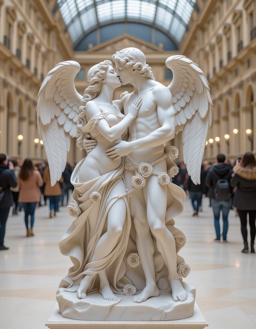 Angelic Kiss in the Louvre: A Classical Sculpture Scene
