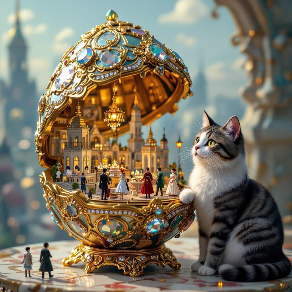 Miniature City Inside Fabergé Egg, Detailed Digital Art