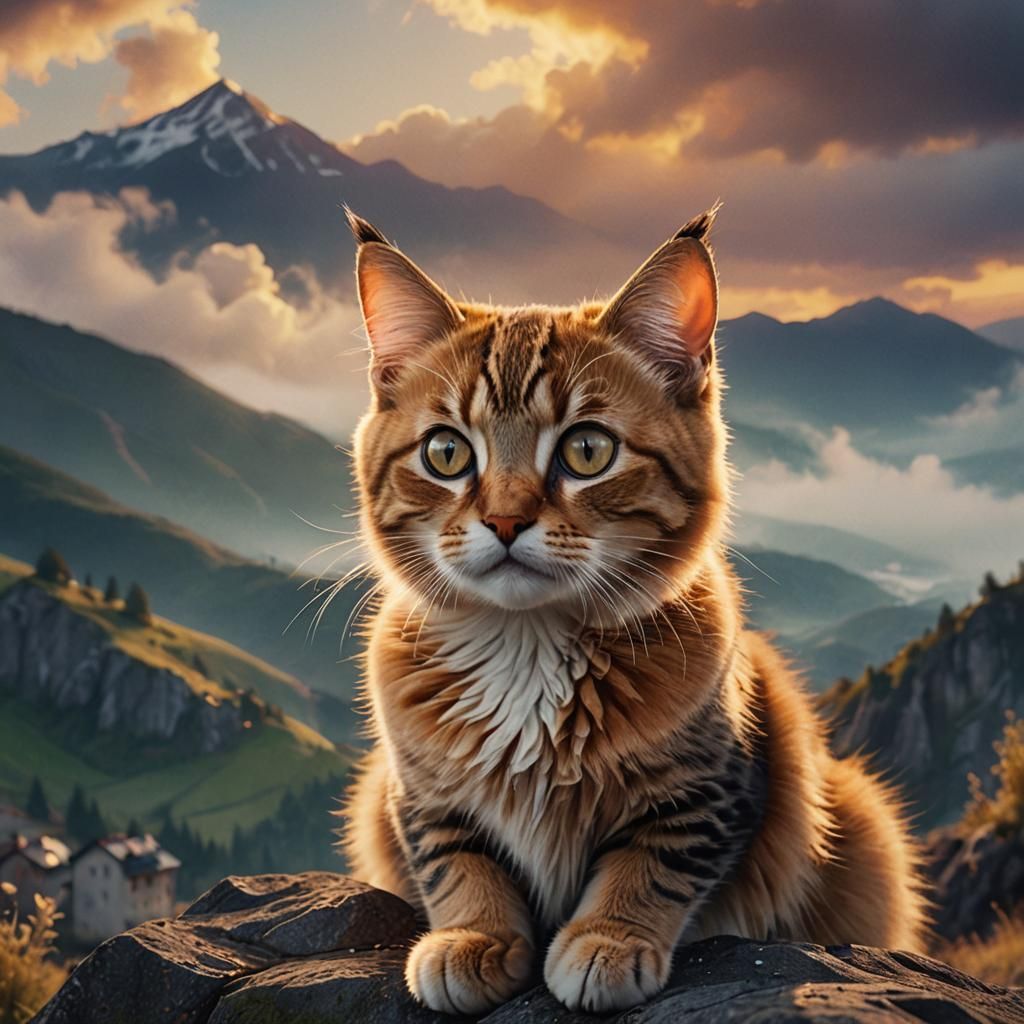 Cute Cat on Misty Mountainside in Digital Painting