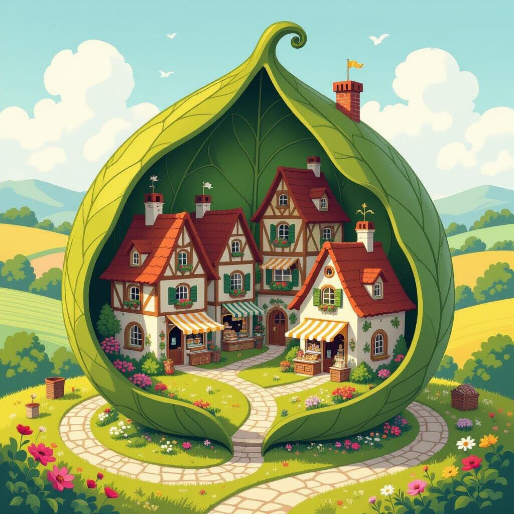 Whimsical Mini Village Inside Hollowed Leaf