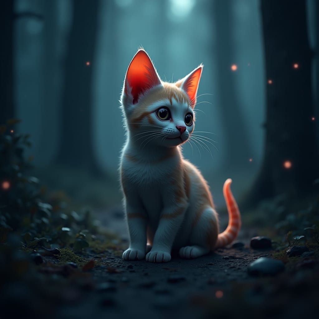 Anthropomorphic Kitten in Gloomy Forest: Hyperrealistic Matt...