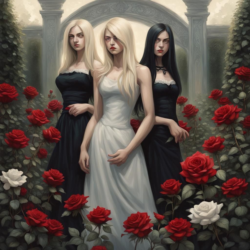 Sisters in Rose Garden: Sinister Dark Fantasy Art