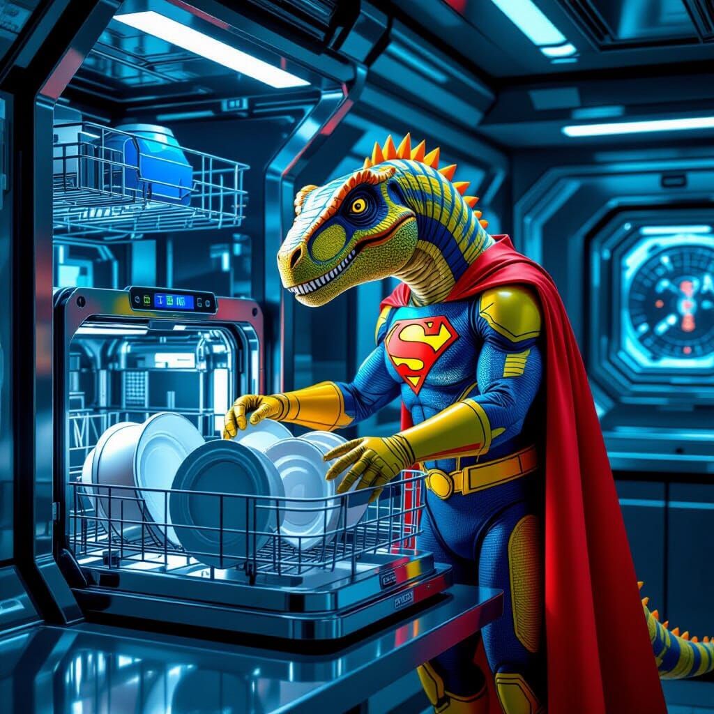 Dinosaur Superhero Does Dishes in Futuristic Kitchen