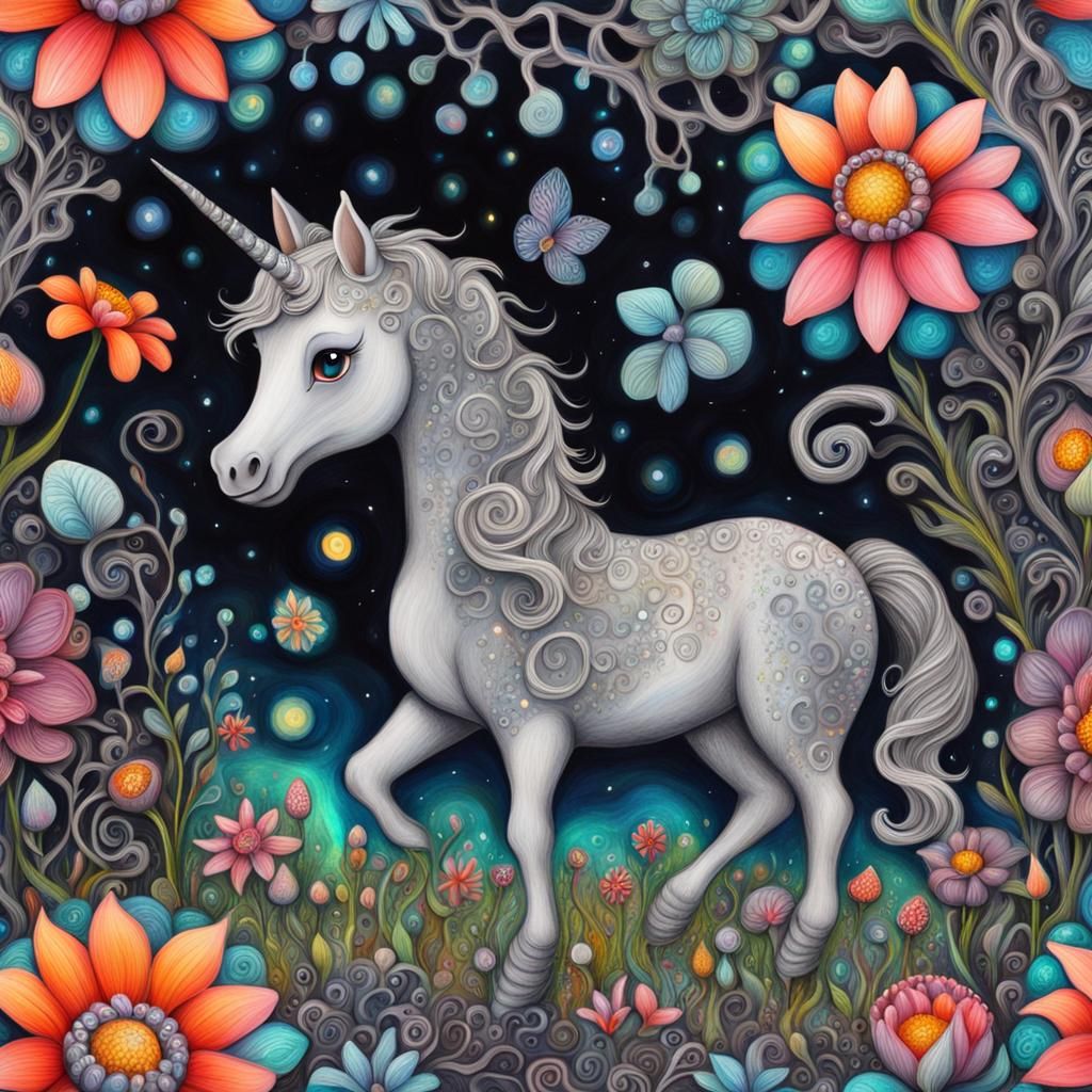 Silver Unicorn in Bioluminescent Garden: 3D Zentangle Art