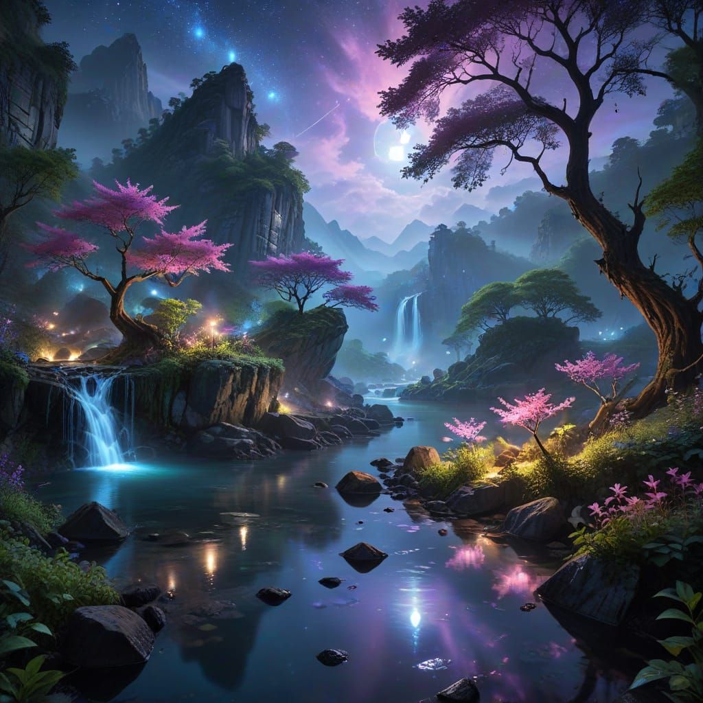 Dreamy Fantasy Landscape with Glowing Moon and Waterfalls
