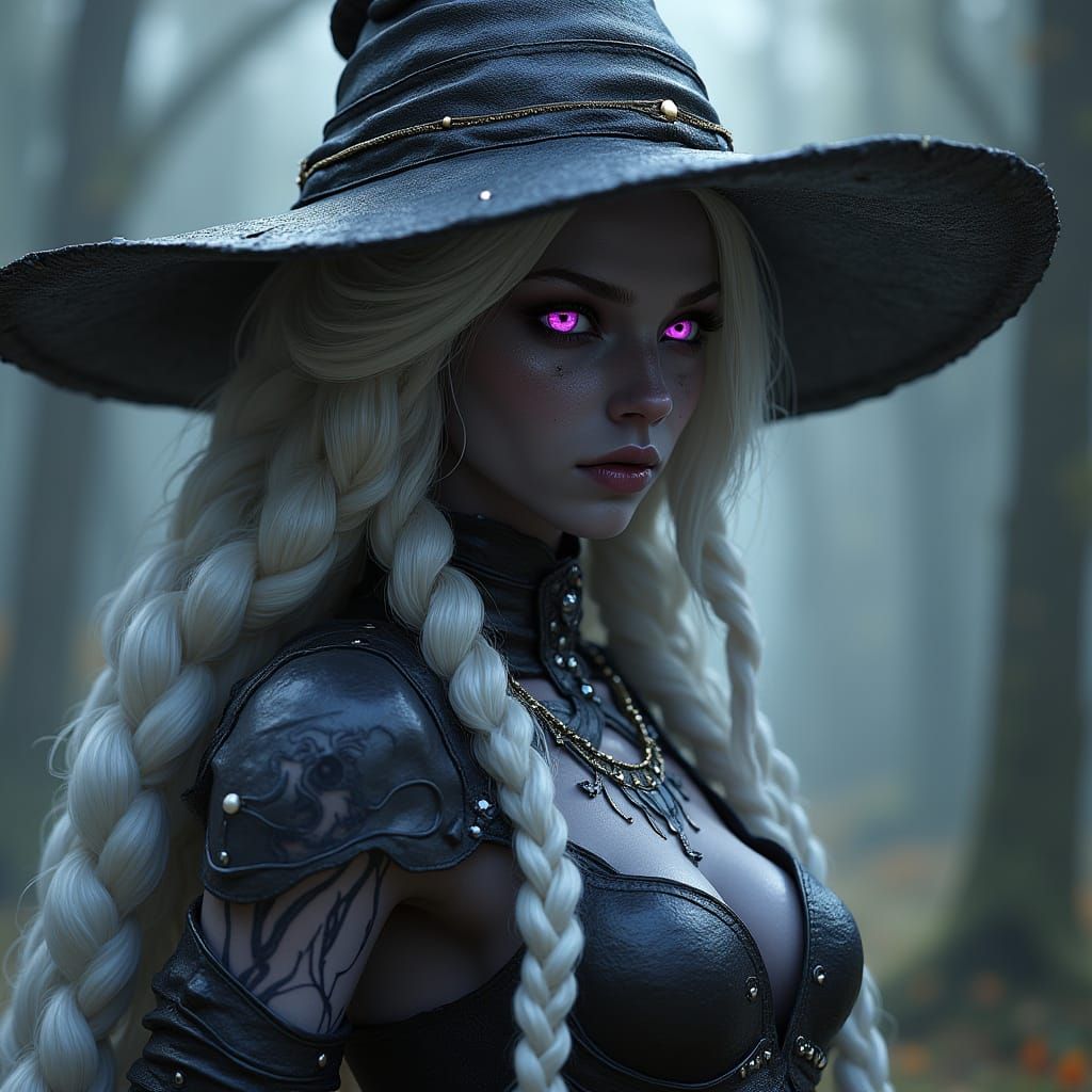 Female Drow, OPALESENT Priestess of Lolth, Long wavy braided WHITE hair, pink eyes, dark gray skin, very revealing leath...