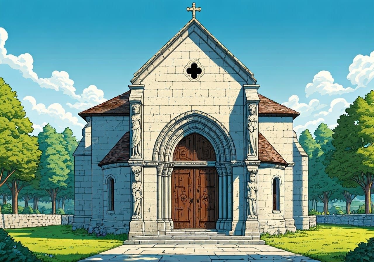 Romanesque Church with Norman Soldier Columns in a Sunlit La...