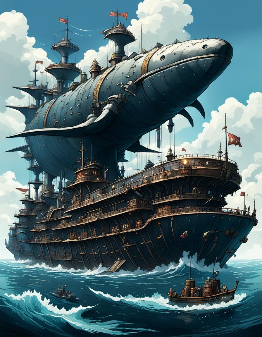 Ghibli-Inspired Dieselpunk City-Ship Hunting Whales