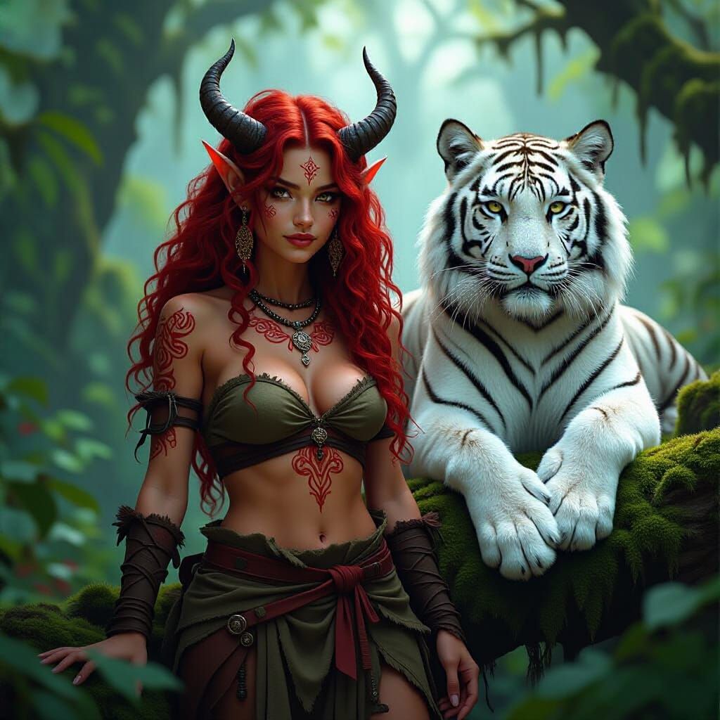 Mystical Tiefling in Forest with Tiger, Ethereal Fantasy Art