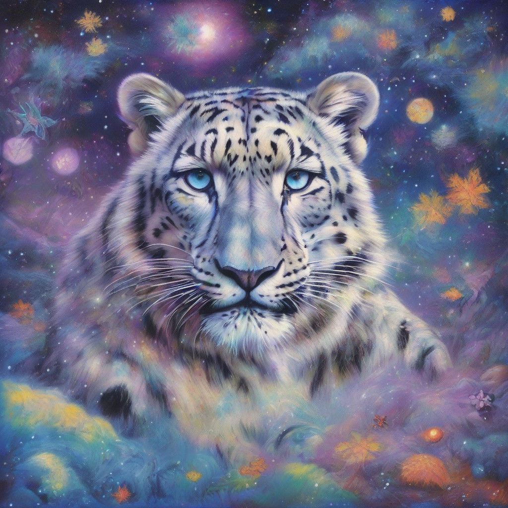 Dreamlike Astral Snow Leopard and Cubs in Vibrant Cosmic Art