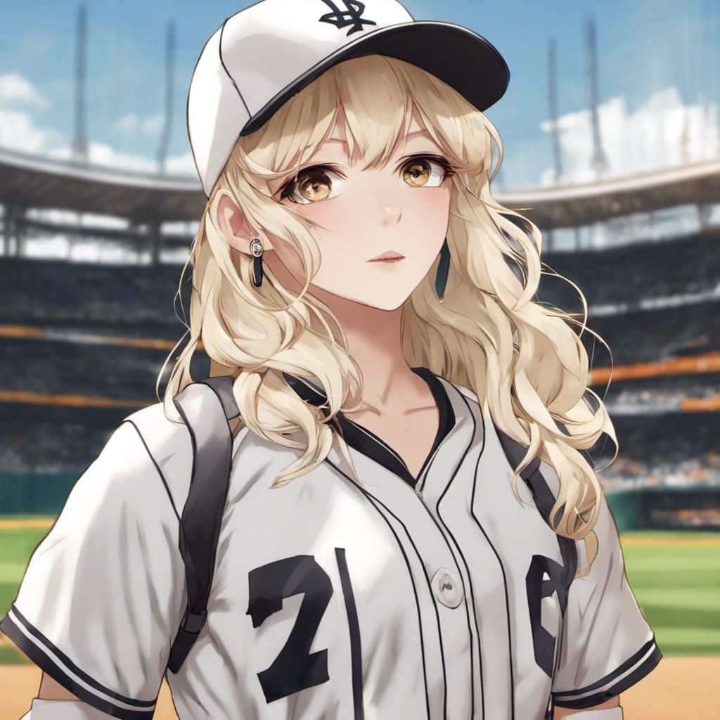 Elegant Anime Woman on Baseball Diamond