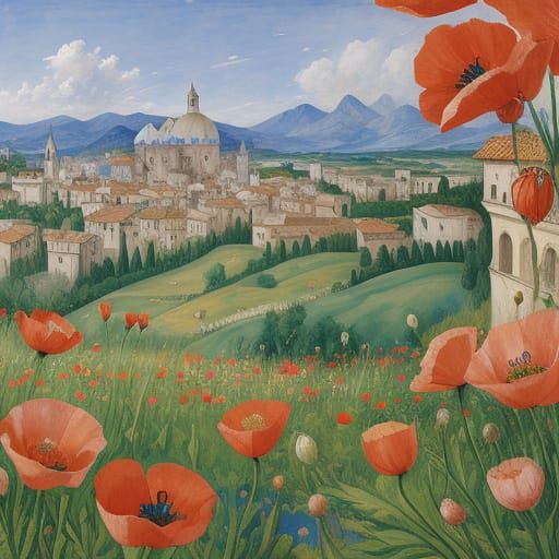 Pink Poppies Bloom in a Vibrant, Dreamlike Landscape