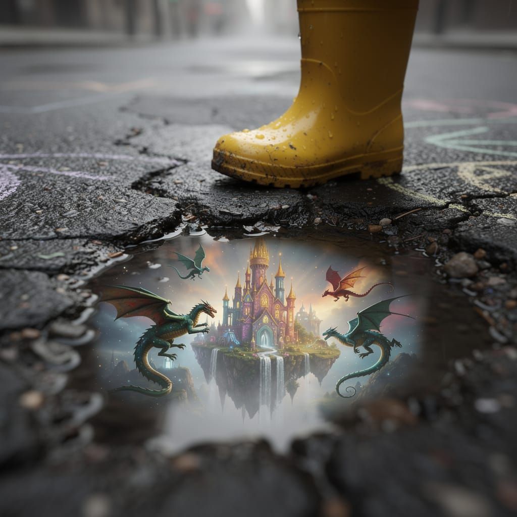 Yellow Boot Reflects Fantasy Kingdom in Rain Puddle