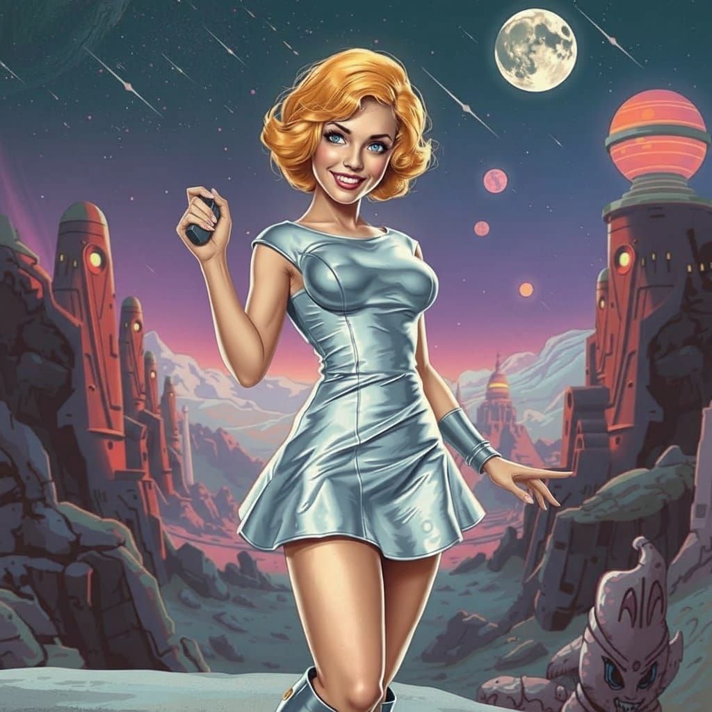Retro Sci-Fi Pin-Up Woman on Alien Planet