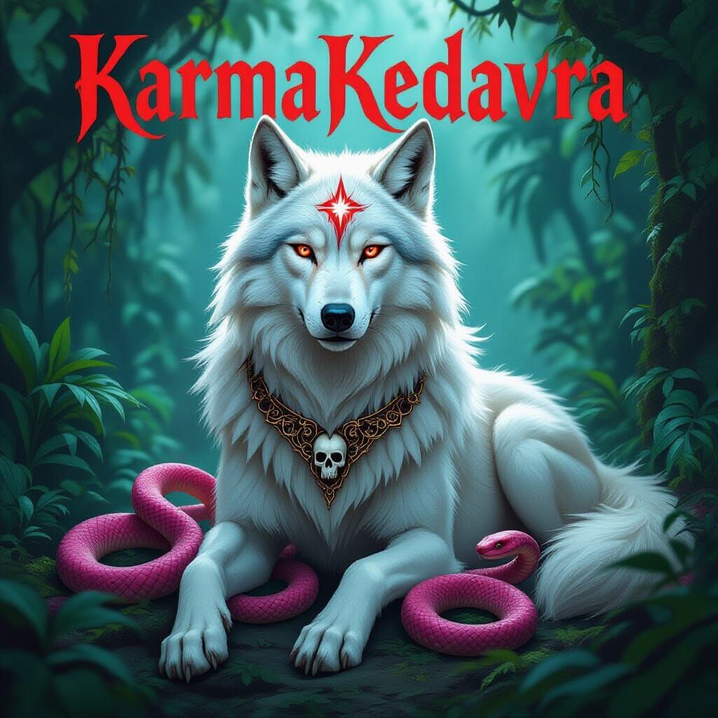 White Wolf with Red Eyes and Sagittarius Sign in Dark Fantas...