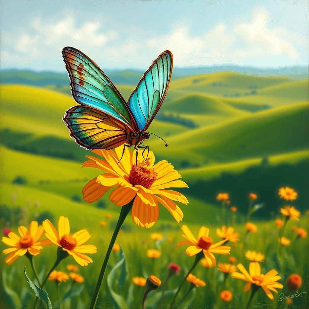 Delicate Iridescent Butterfly in a Vibrant Floral Landscape