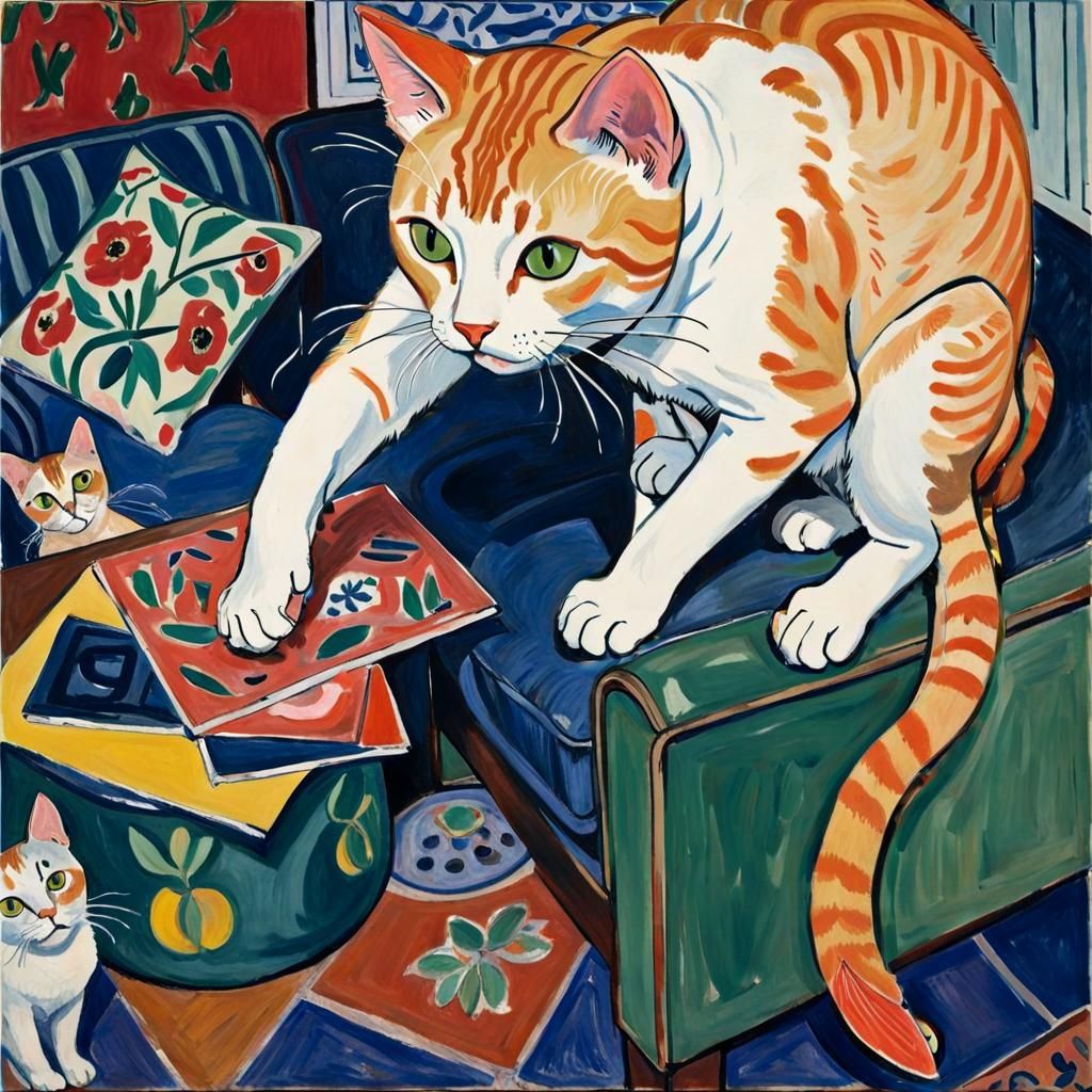 Cat Catching Fish as Fauvist Portrait