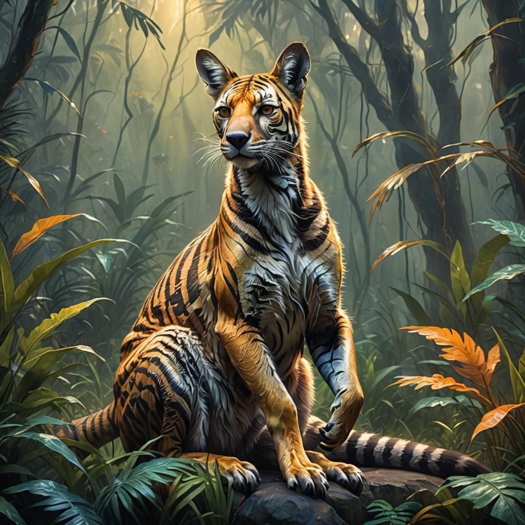 Kangaroo-Tiger Hybrid in Jungle, Oil Painting