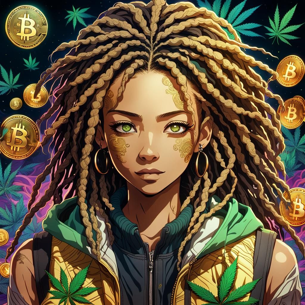 Vibrant Anime Key Visual of a Young Woman with Bitcoin and C...