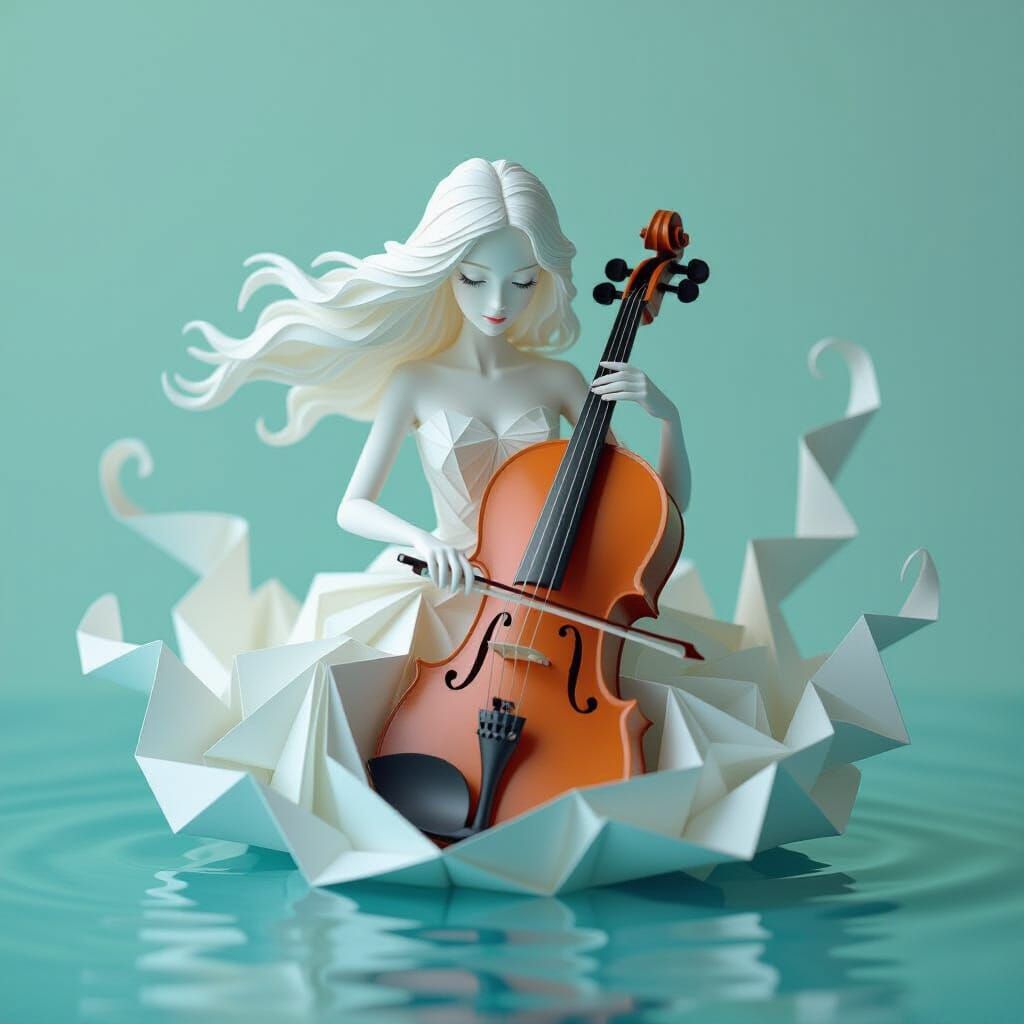 Water Girl Emerges from Violin in Papercraft Style