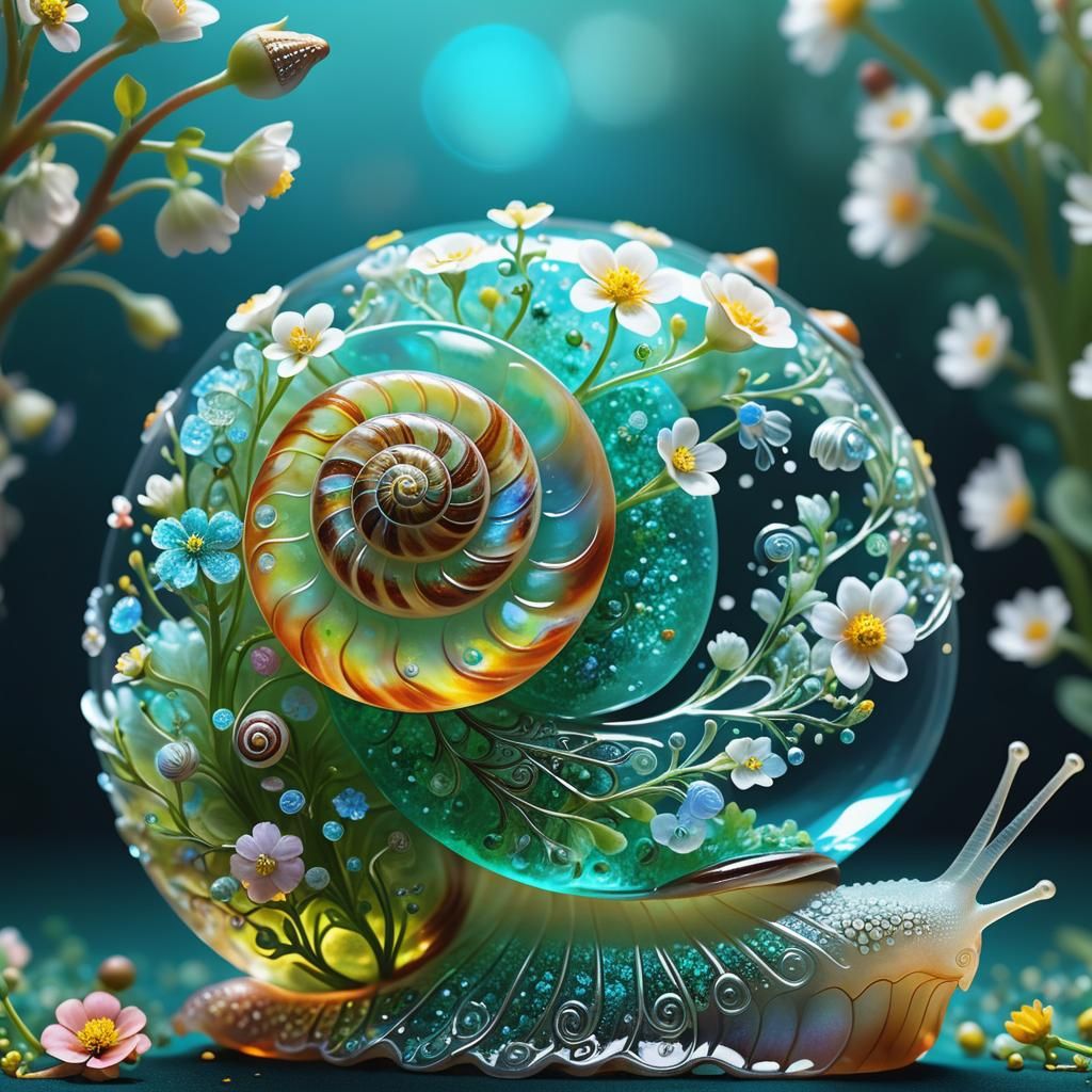 crystal glass sculpture of a snail shell filled with biolumi...
