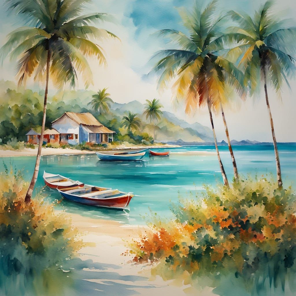 Caribbean Beach Watercolour Painting in Impressionist Style