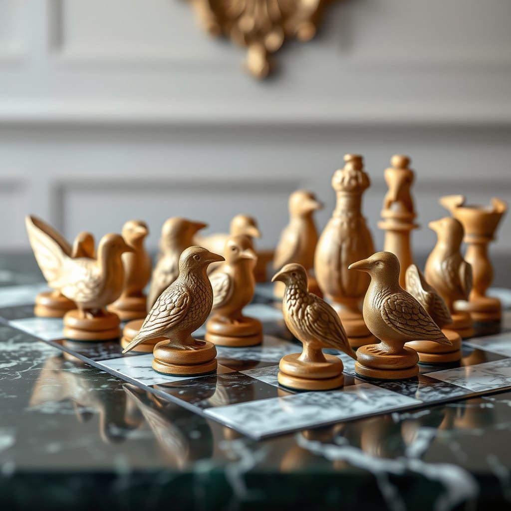 Chess Pieces Carved as Birds on Elegant Marble Board