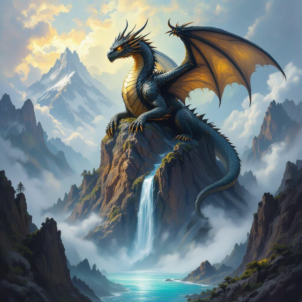 A colossal, ancient dragon with scales like obsidian and eye...