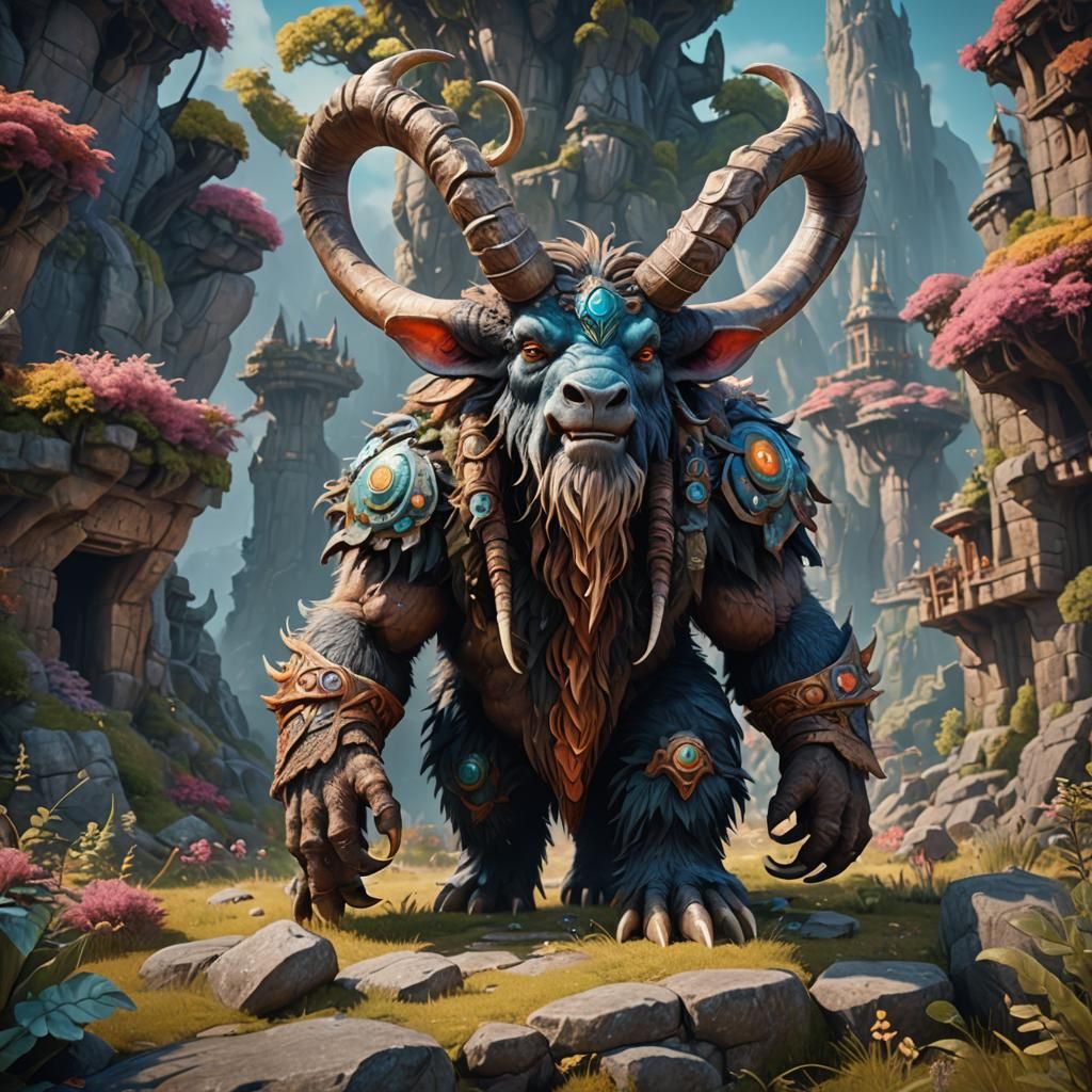 Fantastical Multi-Armed Creature with Large Horns