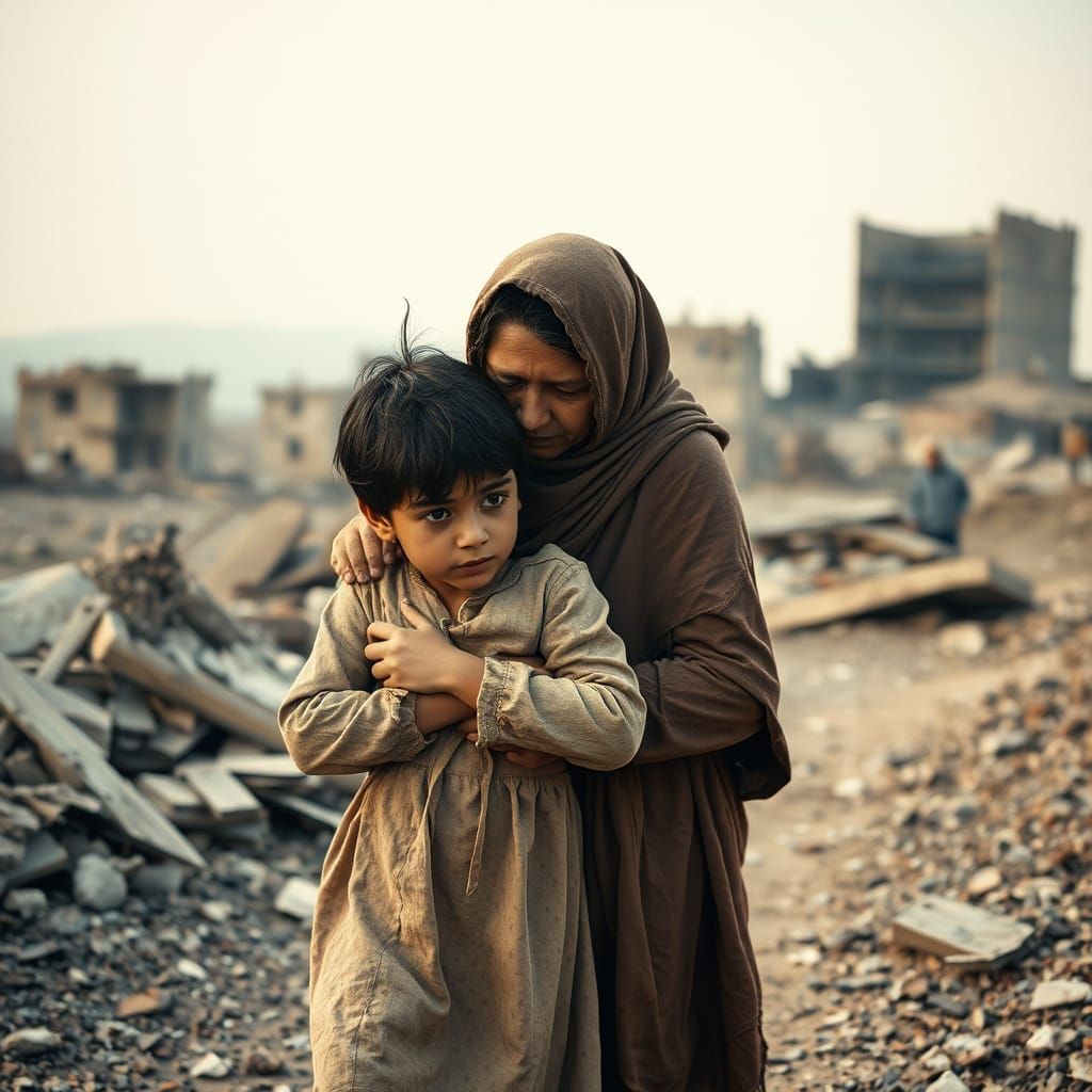 Young Boy Supports Weary Mother in Desolate War-Torn Landsca...