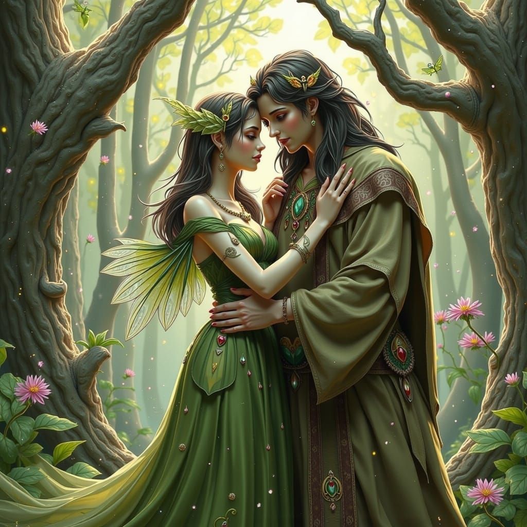 Dryad and Druid Embrace in Whimsical Style